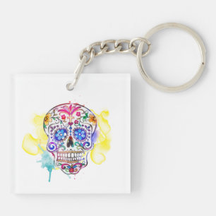 Sugar Skull Watercolor Art Day of Dead Colorful Keychain