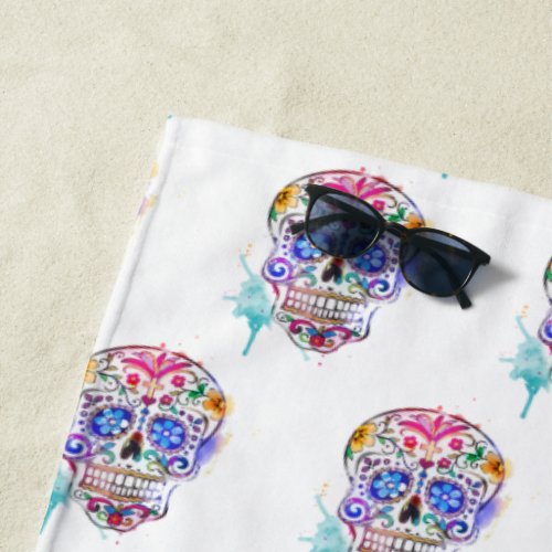 Sugar Skull Watercolor Tattoo Art Pattern Cool Beach Towel