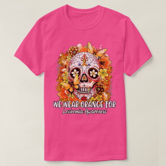 Sugar Skull We Wear Orange For Leukemia Awareness  T-Shirt (Design Front)