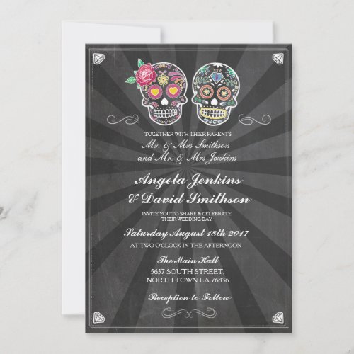 Sugar Skull Wedding Rustic Chalk Lights Invite