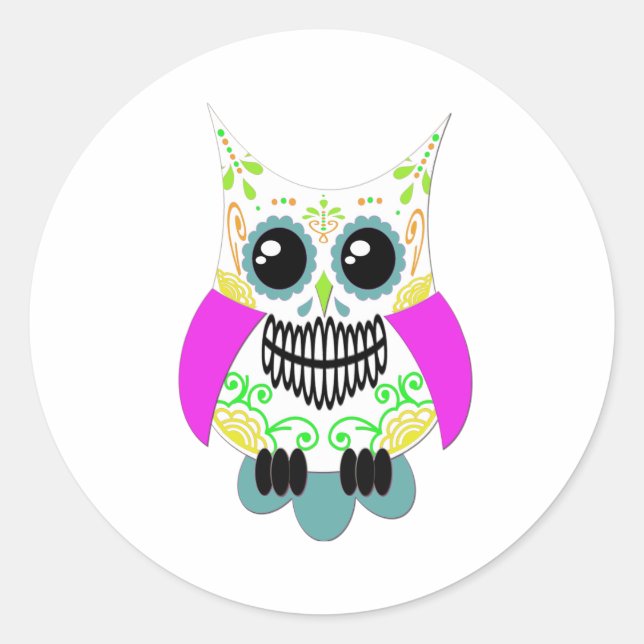 Sugar Skull White Multi Pink Owl Classic Round Sticker (Front)