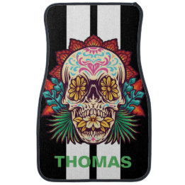 Sugar Skull White Race Stripes Personalized Car Floor Mat