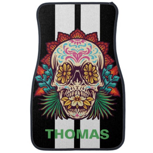 Sugar Skull White Race Stripes Personalized Car Floor Mat