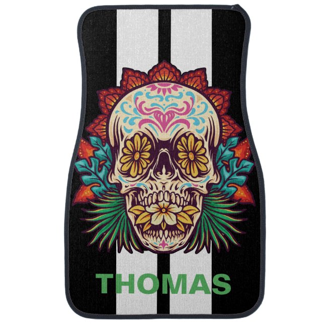 Sugar Skull White Race Stripes Personalized Car Floor Mat (Front)