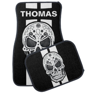 Sugar Skull White Race Stripes Personalized Car Floor Mat