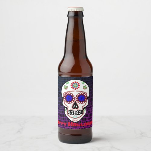 Sugar Skull With Blue Eyes and Green Fleur de Lis Beer Bottle Label
