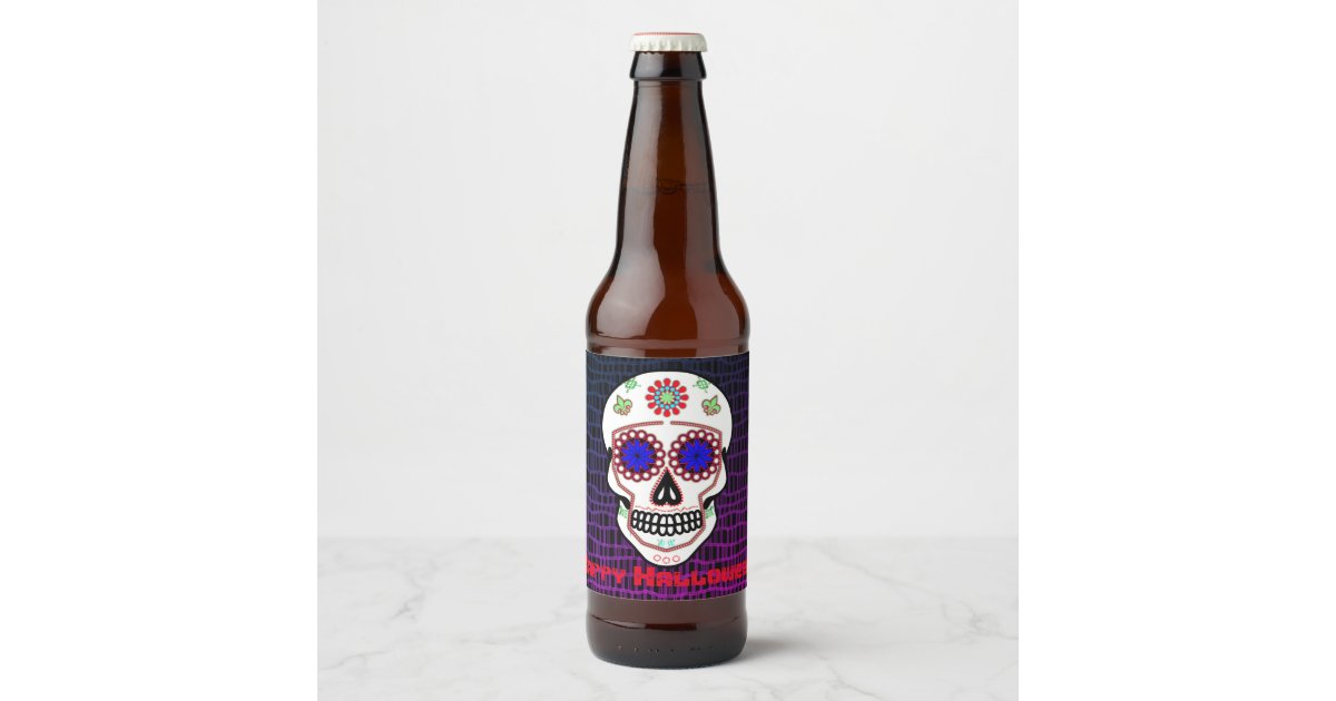 Sugar Skull With Blue Eyes and Green Fleur de Lis Beer Bottle Label | Zazzle