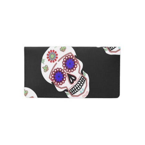 Sugar Skull With Blue Eyes and Green Fleur de Lis Checkbook Cover