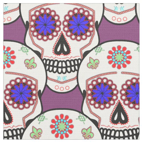 Sugar Skull With Blue Eyes and Green Fleur de Lis Fabric