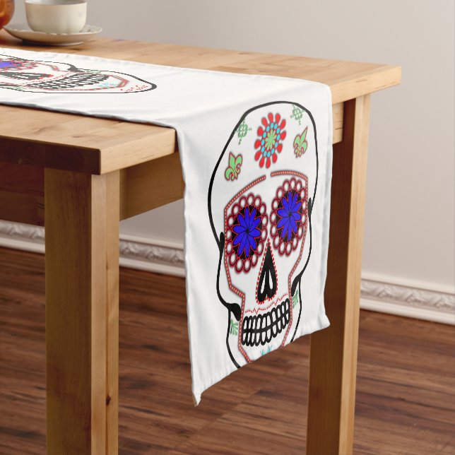 Sugar Skull With Blue Eyes and Green Fleur de Lis Short Table Runner (In Situ)