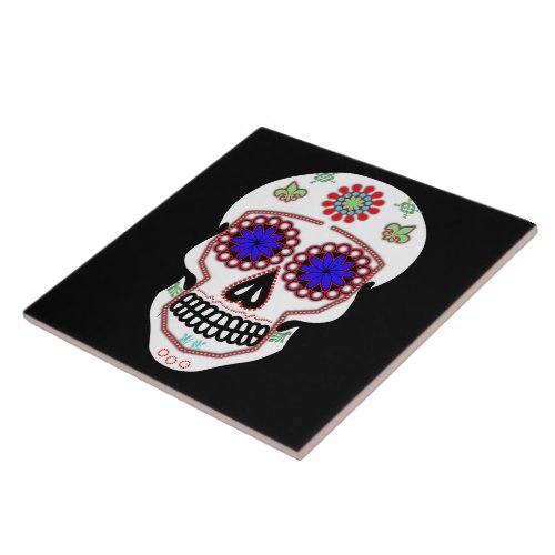 Sugar Skull With Blue Eyes and Green Fleur de Lis Tile