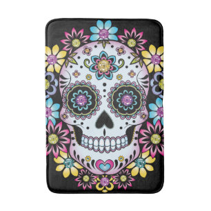 Sugar Skull with Colorful Flowers Bath Mat