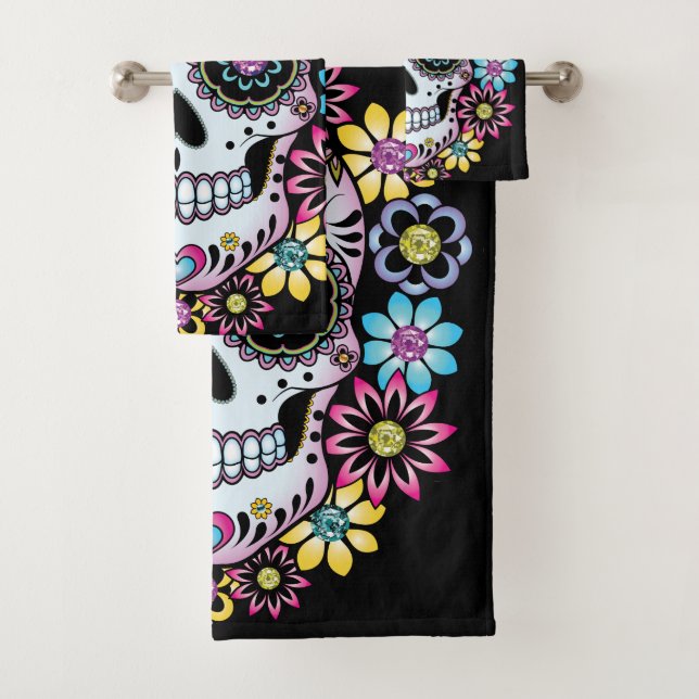 Sugar Skull with Colorful Flowers Bath Towel Set (Insitu)