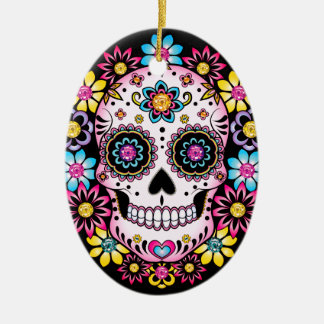 Sugar Skull with Colorful Flowers Ceramic Ornament
