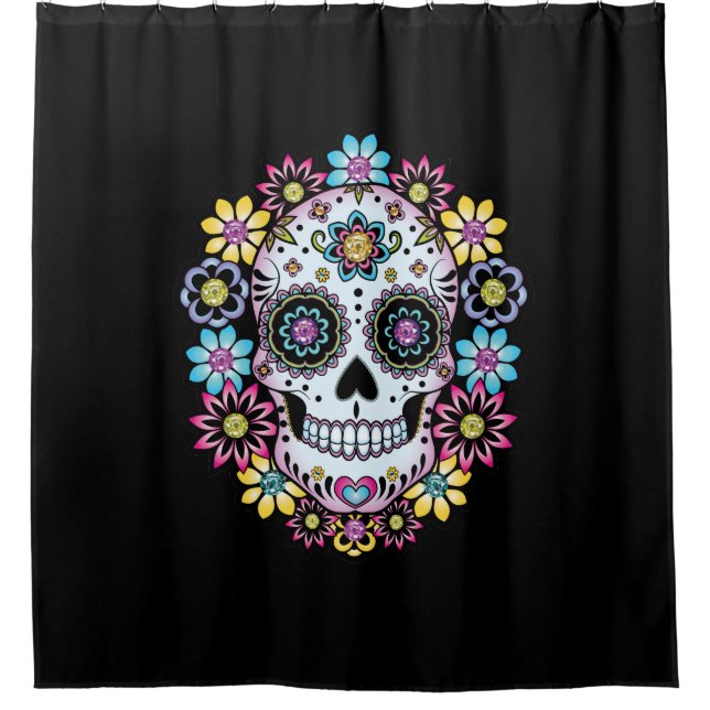 Sugar Skull with Colorful Flowers Shower Curtain (Front)