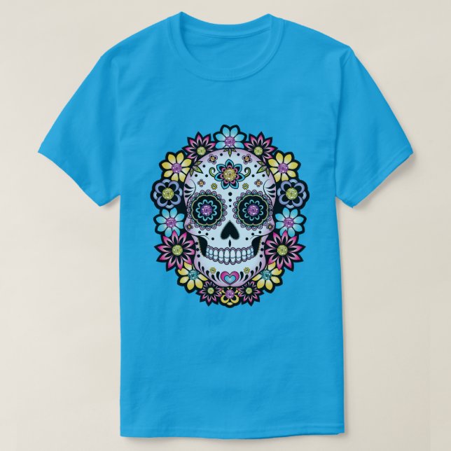 Sugar Skull with Colorful Flowers T-Shirt (Design Front)