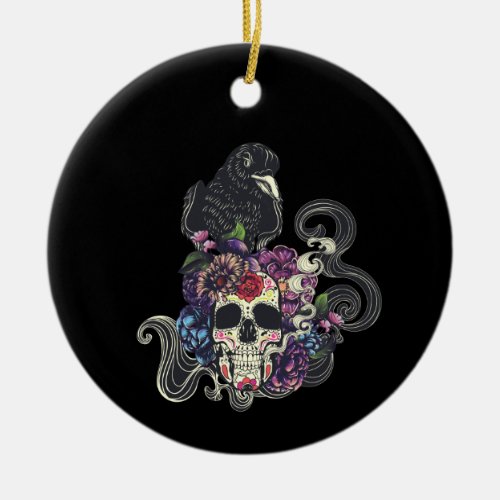 Sugar skull with crow ceramic ornament