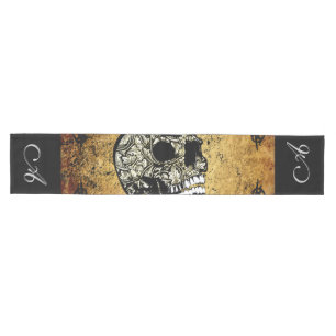 Sugar skull with decorative damask medium table runner