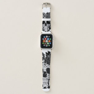 Sugar skull with flowers in black and white apple watch band
