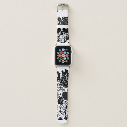 Sugar skull with flowers in black and white apple watch band