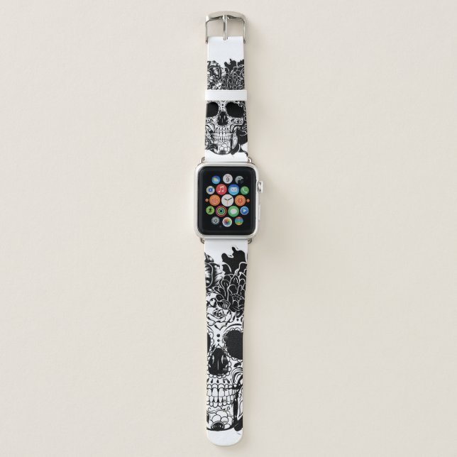 Sugar skull with flowers in black and white apple watch band (Front)
