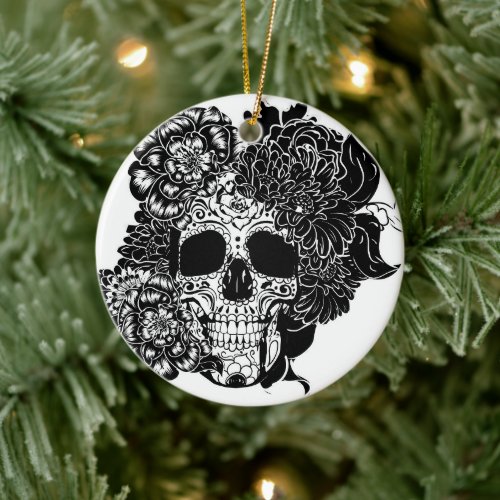 Sugar skull with flowers in black and white ceramic ornament
