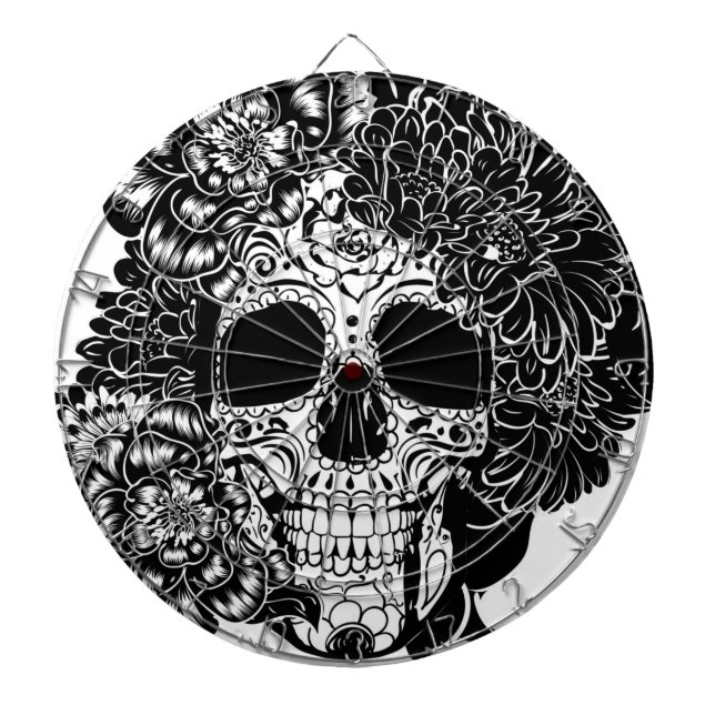 Sugar skull with flowers in black and white dart board (Front)