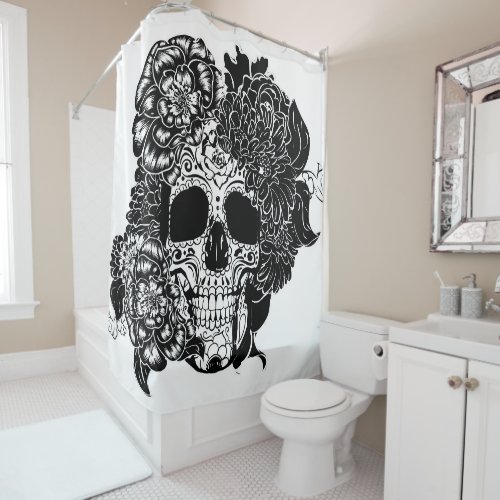 Sugar skull with flowers in black and white shower curtain