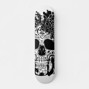Sugar skull with flowers in black and white skateboard