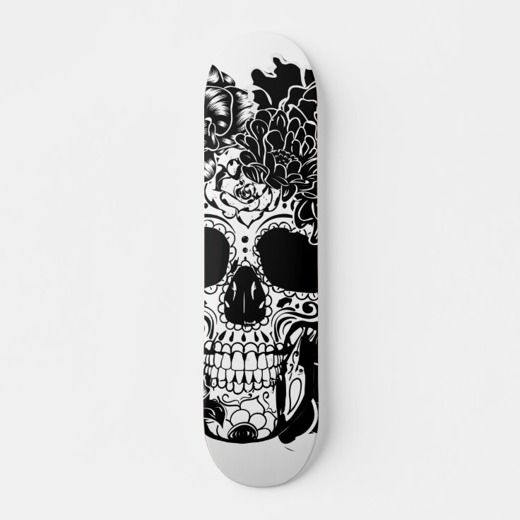 Sugar skull with flowers in black and white skateboard | Zazzle