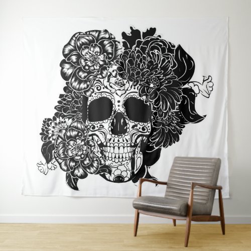 Sugar skull with flowers in black and white tapestry