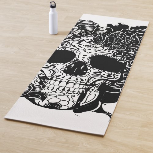 Sugar skull with flowers in black and white yoga mat