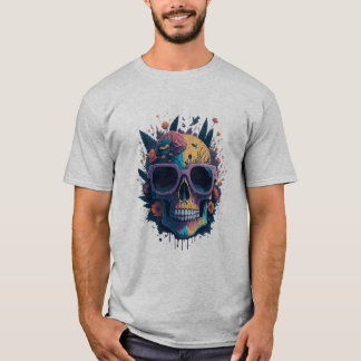 Sugar Skull With Glasses And Flowers  T-Shirt