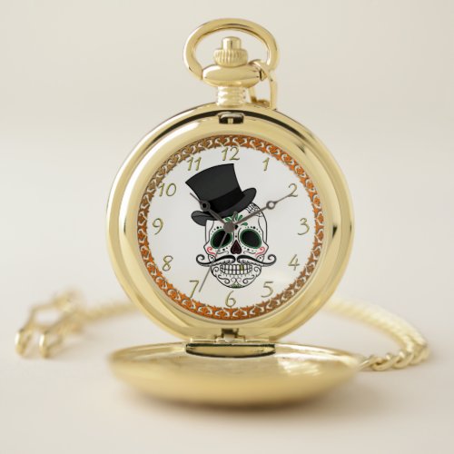 Sugar skull with hat and mustache pocket watch1 pocket watch