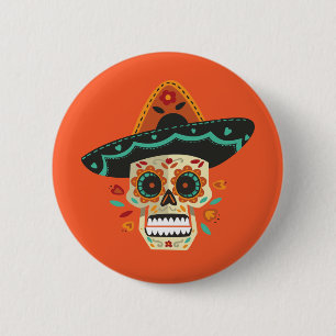 Sugar Skull with Hat Dia de Muertos   Button