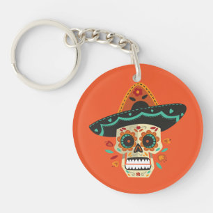 Sugar Skull with Hat Dia de Muertos   Keychain