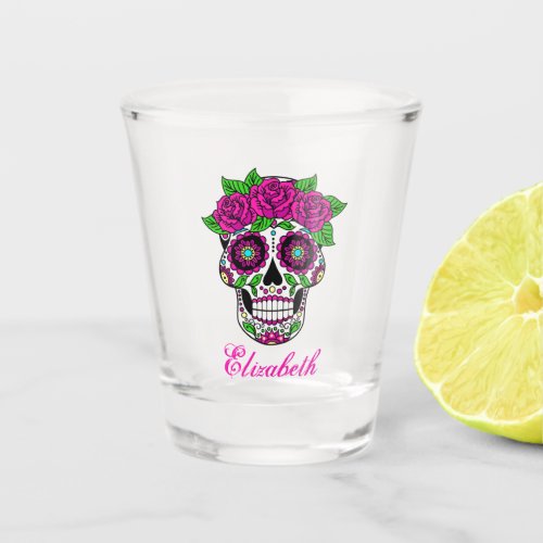 Sugar Skull with Pink Roses  Personalized Shot Glass