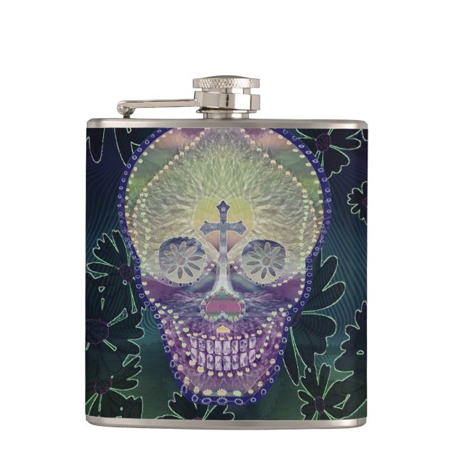 Sugar skull with rainbow colors, hearts hip flask (Front)
