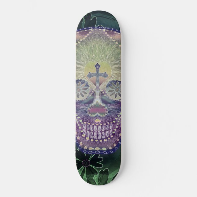 sugar skull with rainbow colors, hearts skateboard deck (Front)