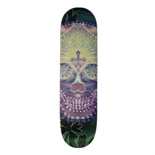 sugar skull with rainbow colors, hearts skateboard deck