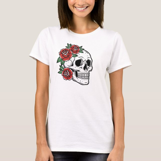 Sugar Skull with Red Roses Poster T-Shirt (Front)