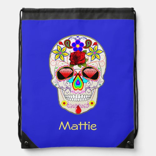 Sugar Skull with Rose and Crystal on Blue Drawstring Bag