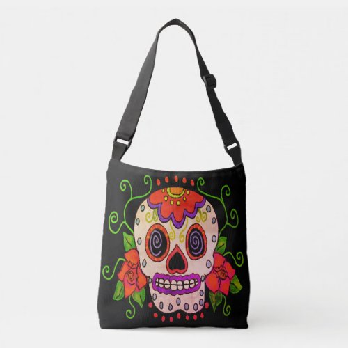 Sugar Skull with Roses Abstract Art Crossbody Bag