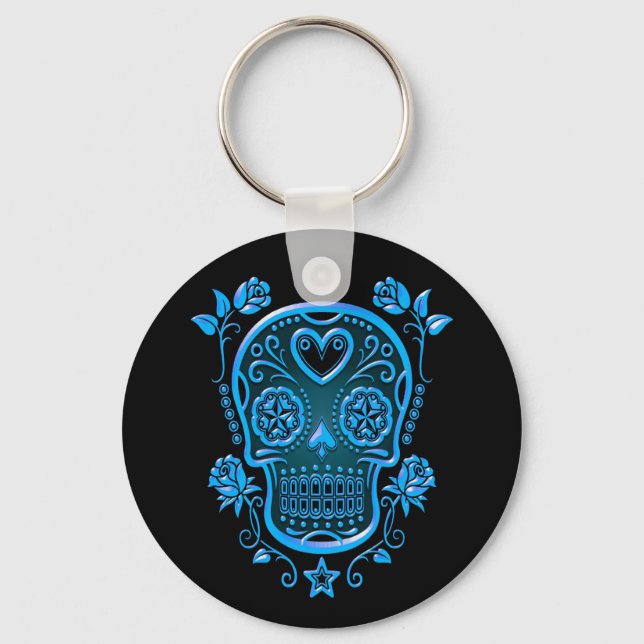 Sugar Skull with Roses, blue Keychain (Front)