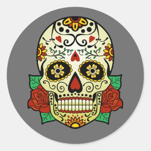 Sugar Skull with Roses Classic Round Sticker