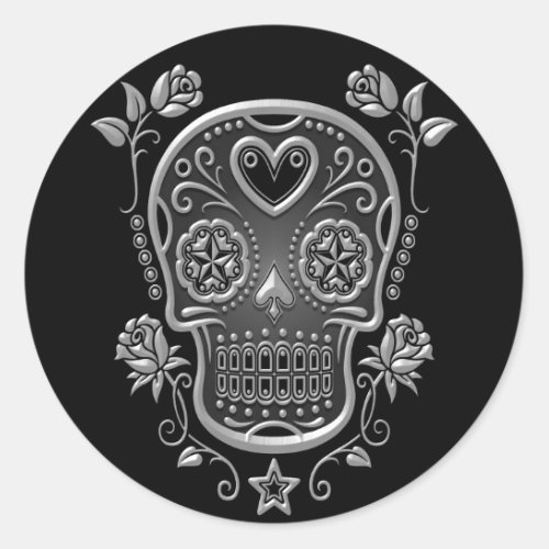 Sugar Skull with Roses dark Classic Round Sticker