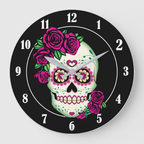 Sugar Skull with Roses Large Clock