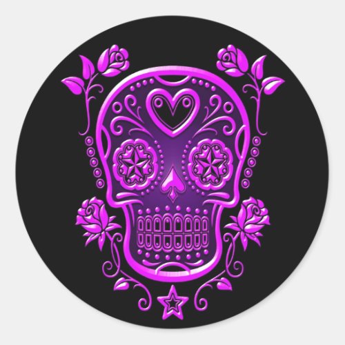 Sugar Skull with Roses purple Classic Round Sticker