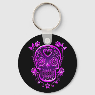 Sugar Skull with Roses, purple Keychain