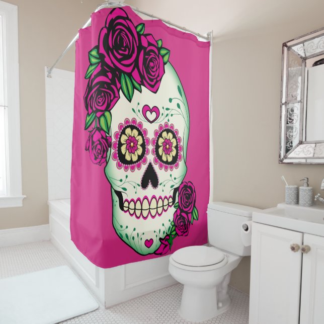 Sugar Skull with Roses Shower Curtain (In Situ)